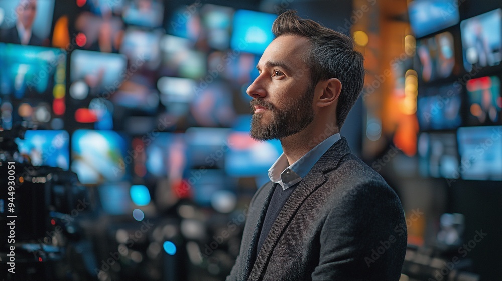 TV host reading headlines to craft an impactful, poignant narrative while transmitting news from a media studio TV host reading headlines to craft an impactful, poignant narrative while transmitting news from a media studio