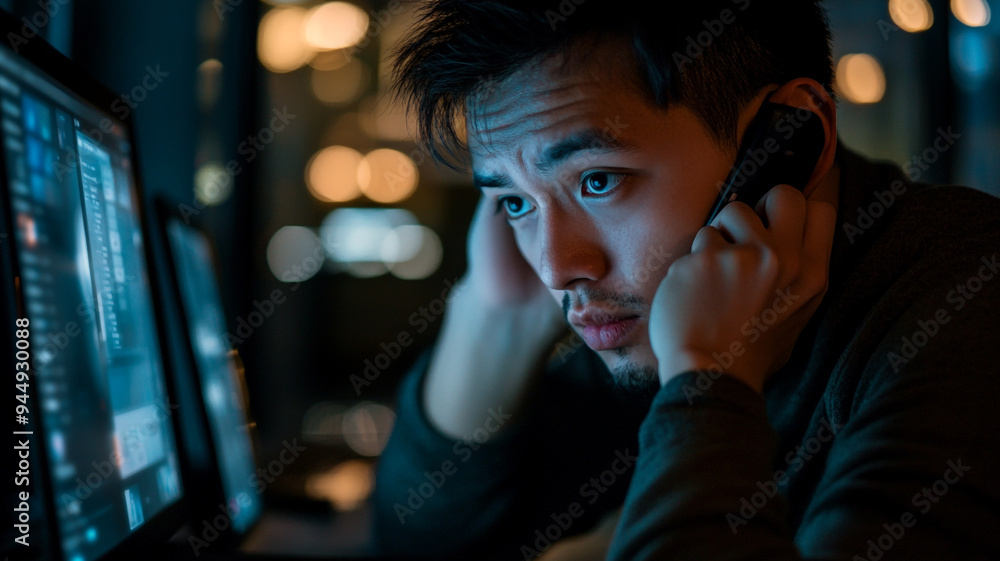Young man engaged in focused conversation while working at a desk with multiple screens in a dimly lit environment Young man engaged in focused conversation while working at a desk with multiple screens in a dimly lit environment