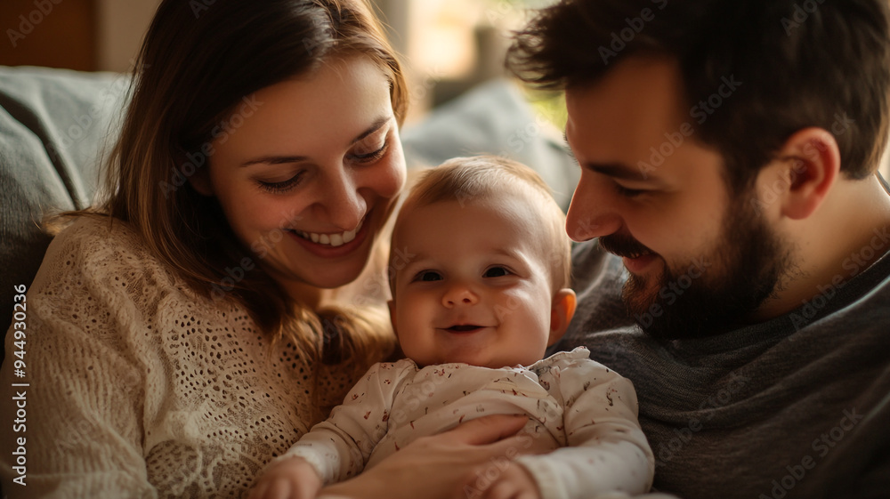 A joyful family moment featuring parents cuddling with their smiling baby at home on a cozy afternoon A joyful family moment featuring parents cuddling with their smiling baby at home on a cozy afternoon