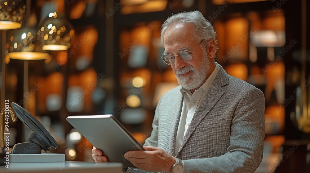 An elderly, retired man checks guests in at the lobby of a fancy hotel. An elderly, retired man checks guests in at the lobby of a fancy hotel.