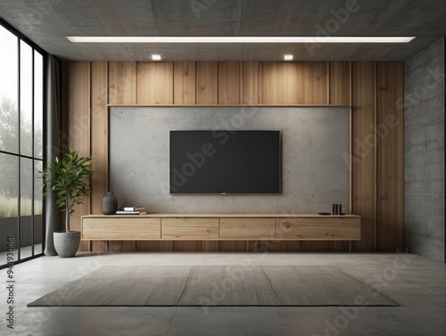 Wallpaper Mural Modern Living Room with a Flat-Screen Television Mounted on a Concrete Wall Torontodigital.ca