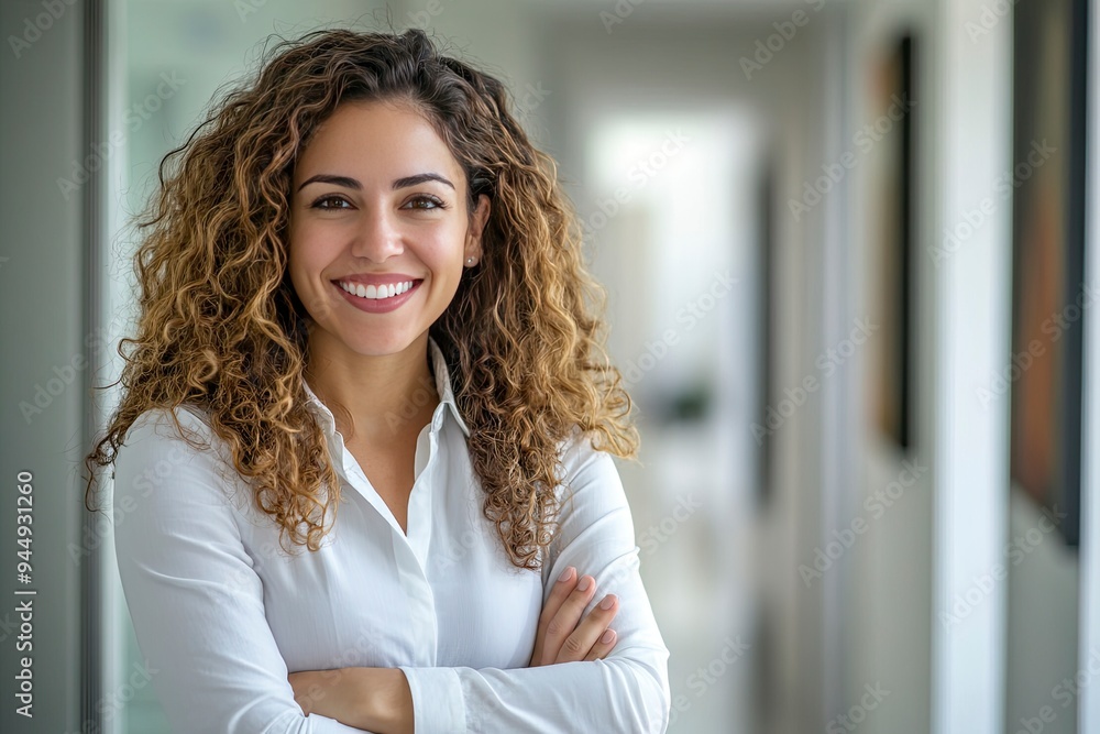Portrait of happy and successful business woman, boss in shirt smiling and looking at camera inside office with crossed arms, Hispanic woman with curly hair in corridor, ai Portrait of happy and successful business woman, boss in shirt smiling and looking at camera inside office with crossed arms, Hispanic woman with curly hair in corridor, ai