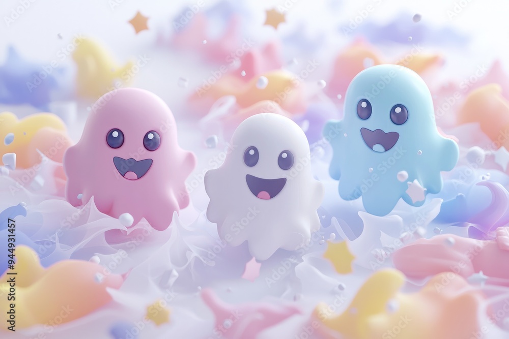 Cute and playful ghost characters among clouds and abstract colors Cute and playful ghost characters among clouds and abstract colors