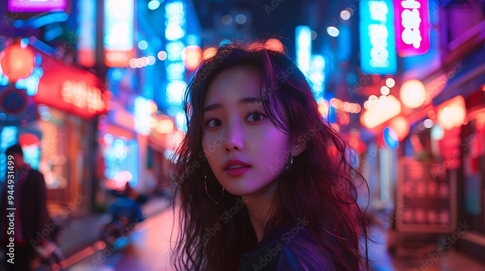 A Korean model posing against the backdrop of Seoul's neon-lit streets at night, the vibrant lights and busy atmosphere creating a high-energy urban scene. A Korean model posing against the backdrop of Seoul's neon-lit streets at night, the vibrant lights and busy atmosphere creating a high-energy urban scene.