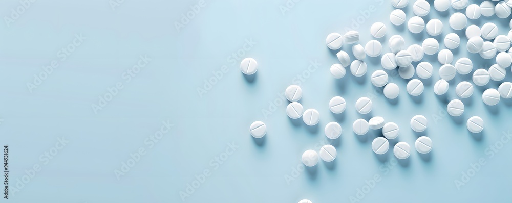 Scattered White Pills on a Light Blue Background Scattered White Pills on a Light Blue Background