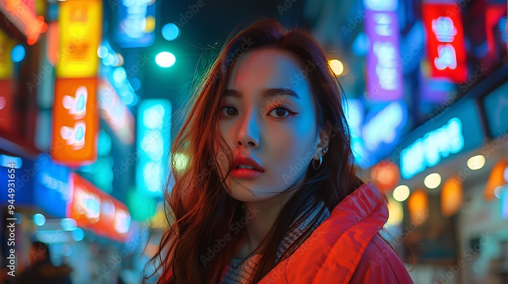 A Korean model posing in the neon glow of Seoul's nightlife, with vibrant lights and bustling streets creating an energetic urban backdrop. A Korean model posing in the neon glow of Seoul's nightlife, with vibrant lights and bustling streets creating an energetic urban backdrop.