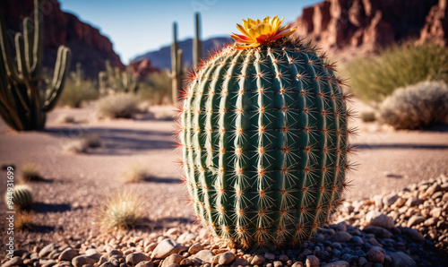 A barrel cactus blooms in the desert on a sunny day