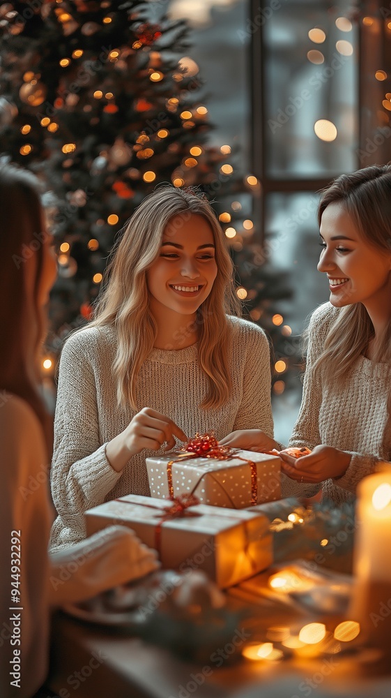 Women working at a startup company celebrating Christmas and exchanging gifts Women working at a startup company celebrating Christmas and exchanging gifts