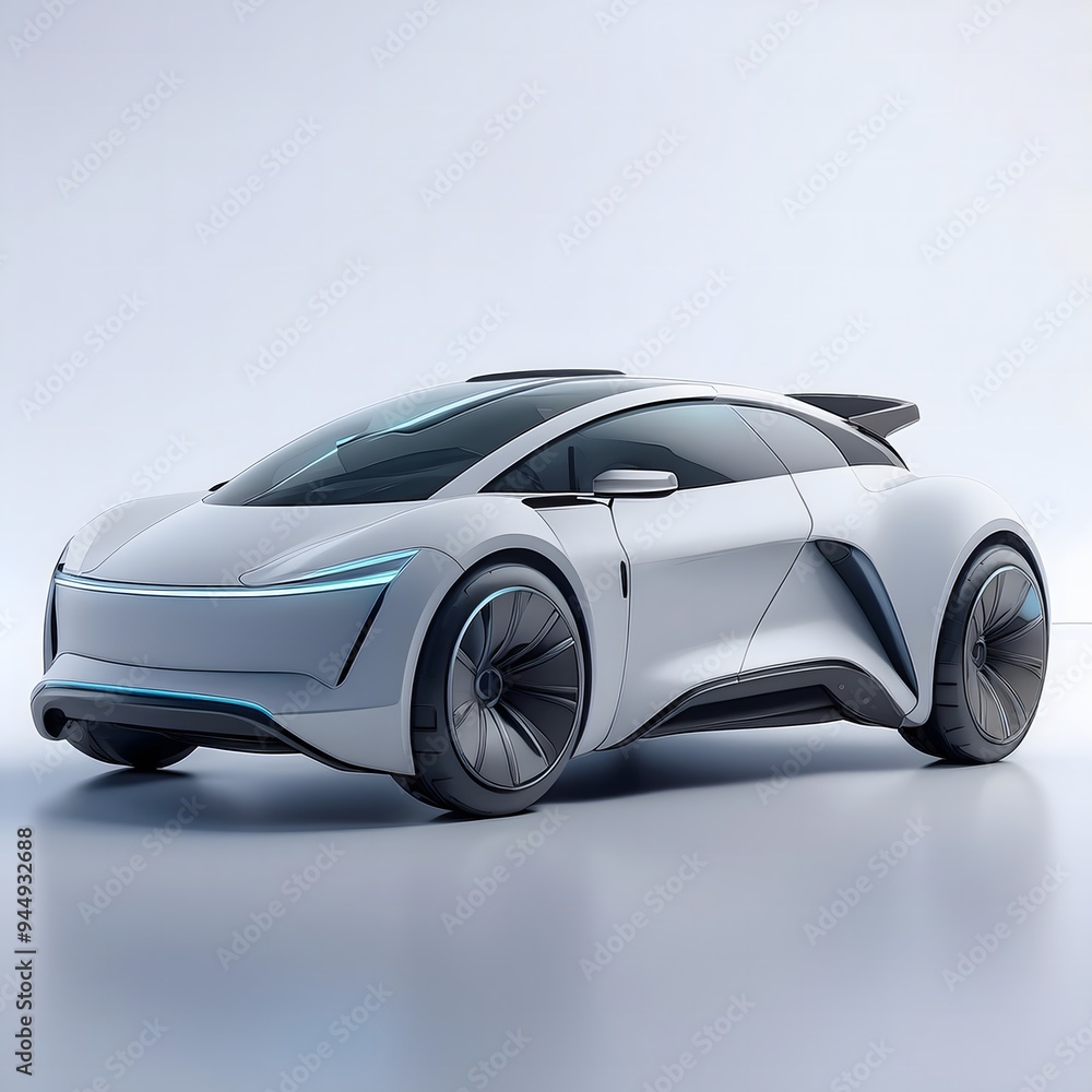 Innovative 3D electric car with futuristic design on a white background, showcasing advanced technology and modern aesthetics. Future transportation