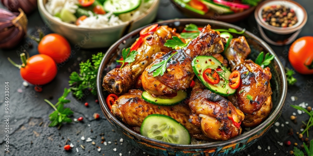 Spicy grilled chicken wings accompanied by a salad of cucumbers, tomatoes, and onion slices, flavored with garlic, parsley, cumin, and paprika, served alongside curry rice. Spicy grilled chicken wings accompanied by a salad of cucumbers, tomatoes, and onion slices, flavored with garlic, parsley, cumin, and paprika, served alongside curry rice.
