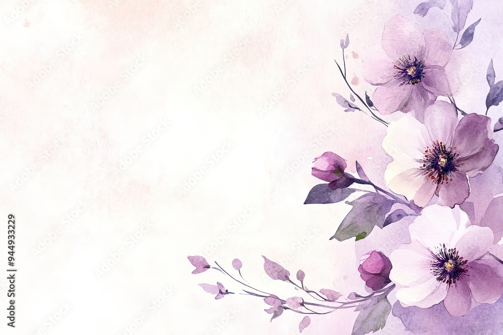 Naklejka premium A delicate watercolor floral design showcasing beautiful purple flowers against a soft pastel background, perfect for invitations.