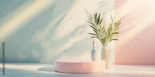 3D rendered scene featuring a pastel colored podium for product display set against a background photo