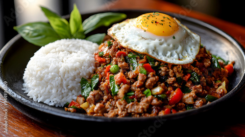 A sizzling plate of Pad Kra Pao, featuring stir-fried minced pork with holy basil and chili photo