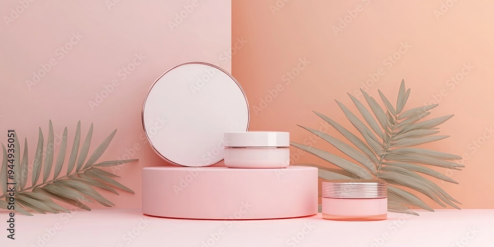 3D podium and platform designed for showcasing cosmetic products Blank space for advertisements with geometric elements for product presentation 3D podium and platform designed for showcasing cosmetic products Blank space for advertisements with geometric elements for product presentation