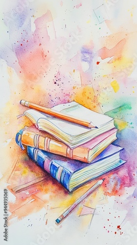 A vibrant watercolor illustration of stacked books and a pencil, symbolizing creativity and learning in a colorful environment. photo