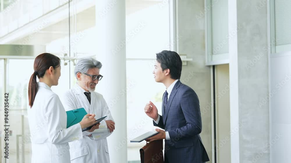 白衣の技術者に説明するビジネスマン 白衣の技術者に説明するビジネスマン