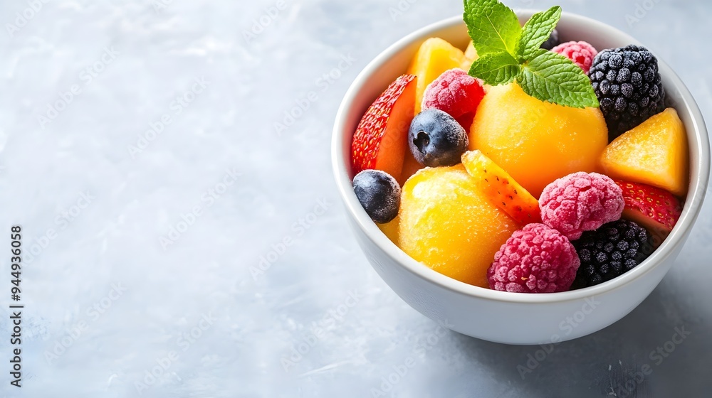 Refreshing Fruit Sorbet Bowl with Vibrant Mint Leaf Garnish Healthy Creamy Frozen Dessert Treat Refreshing Fruit Sorbet Bowl with Vibrant Mint Leaf Garnish Healthy Creamy Frozen Dessert Treat