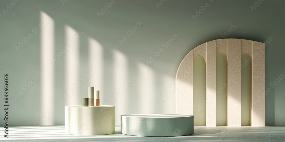3D rendering of an abstract minimal scene featuring a geometric podium designed for showcasing cosmetic products on a pedestal in a studio environment 3D rendering of an abstract minimal scene featuring a geometric podium designed for showcasing cosmetic products on a pedestal in a studio environment