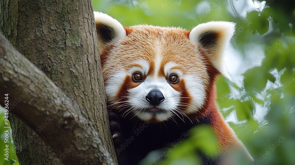 Curious Red Panda Peek a Boo Behind Tree with Tilted Head and Playful Eyes - Wildlife Exploration Concept Curious Red Panda Peek a Boo Behind Tree with Tilted Head and Playful Eyes - Wildlife Exploration Concept