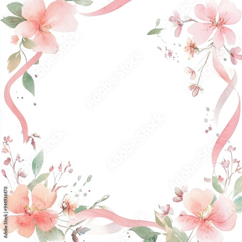 Elegant floral frame with soft pink flowers and ribbons. Perfect for invitations, cards, or creative designs.