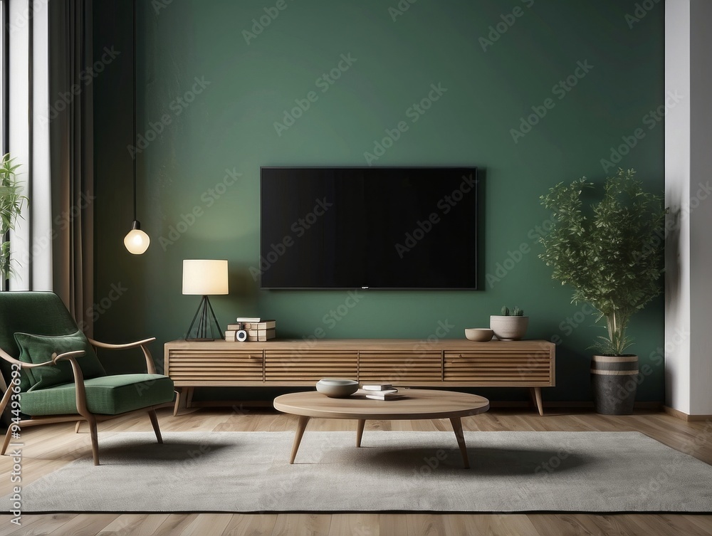 Modern living room interior with a flat screen tv, green armchair, and wooden furniture Modern living room interior with a flat screen tv, green armchair, and wooden furniture