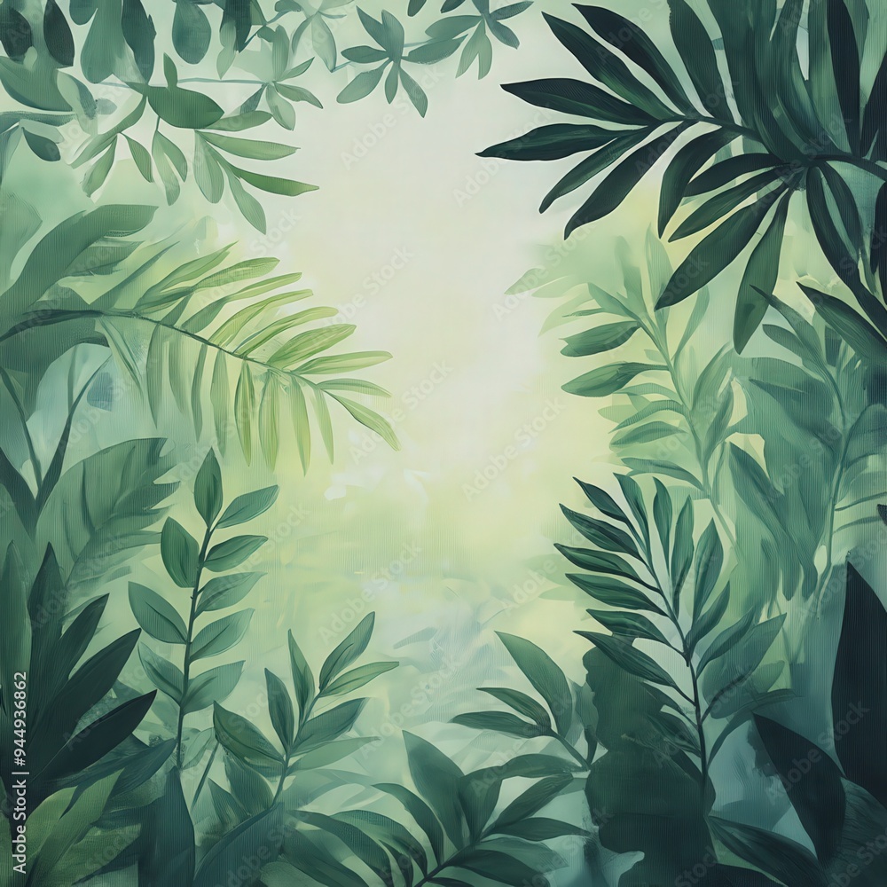 Obraz premium A serene tropical foliage background, capturing the essence of nature's beauty and tranquility in vibrant greens.