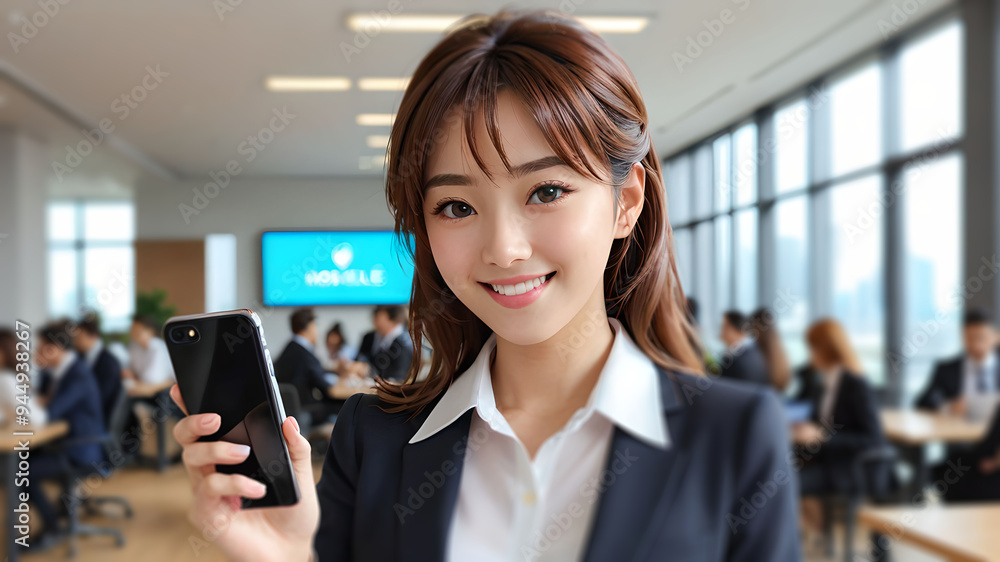 3D Anime Businesswoman Holding Phone in Office 3D Anime Businesswoman Holding Phone in Office