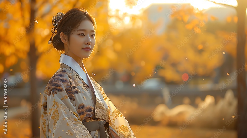 A serene photograph of a Korean model in a modern twist on the traditional hanbok, standing gracefully in an urban park. The hanbok features contemporary designs and bold colors,