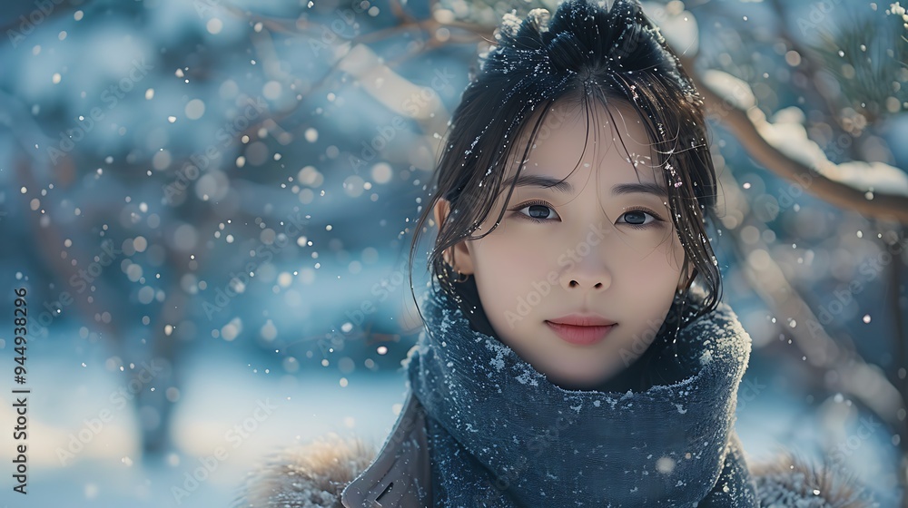 A serene photograph of a Korean model in a winter wonderland, surrounded by fresh snow. The model is dressed in a stylish winter coat and scarf, standing amidst snow-covered trees. A serene photograph of a Korean model in a winter wonderland, surrounded by fresh snow. The model is dressed in a stylish winter coat and scarf, standing amidst snow-covered trees.