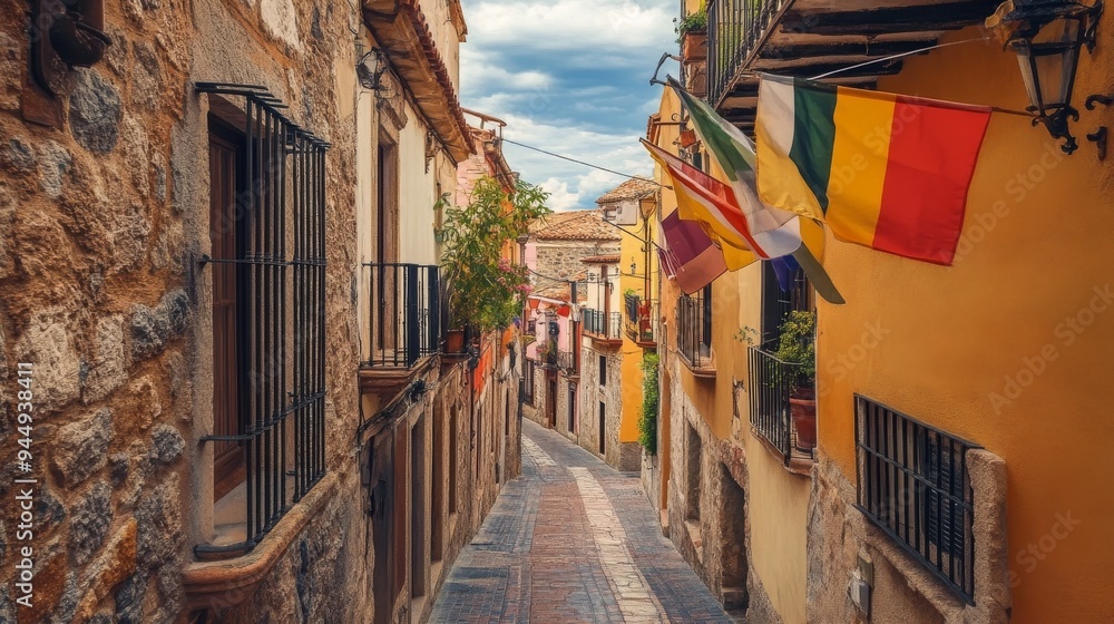 Alley with balcony flags in Spanish style Alley with balcony flags in Spanish style