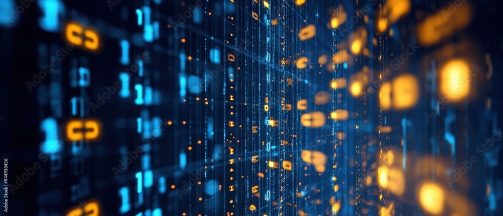Obraz premium A vibrant digital background showcasing blue and orange binary code, ideal for technology and data visualization themes.