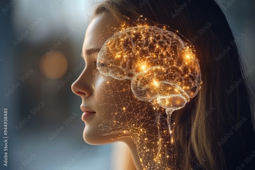 Woman with a glowing brain in profile showcasing brilliance and complex thought processes Woman with a glowing brain in profile showcasing brilliance and complex thought processes