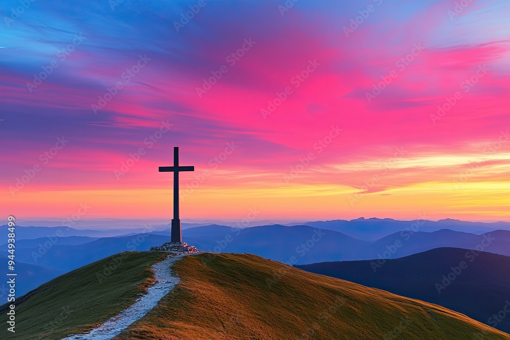 A cross seen on hill during dusk A cross seen on hill during dusk