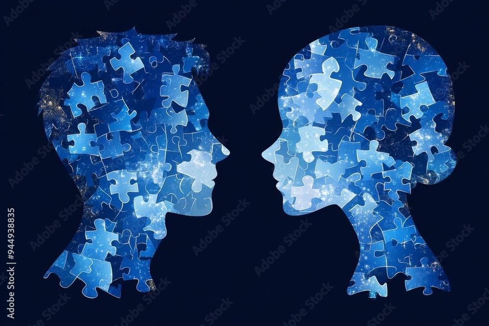 Two profiles with starry space replacing their brains visualizing cosmic intelligence and boundless thoughts Two profiles with starry space replacing their brains visualizing cosmic intelligence and boundless thoughts