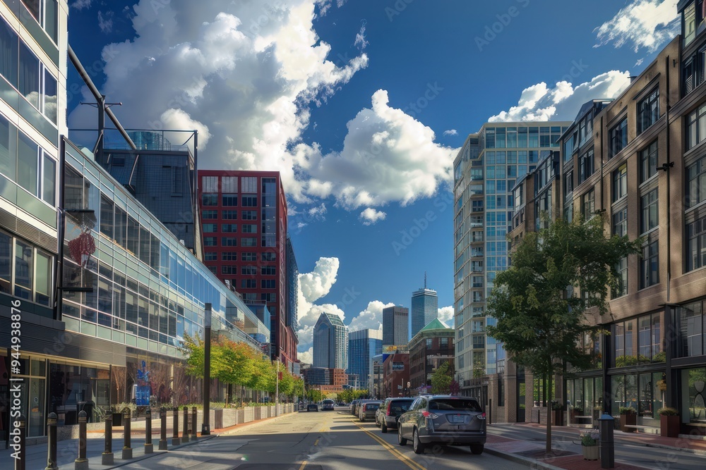Fototapeta premium Cityscape with Skyscrapers and Cloudy Sky