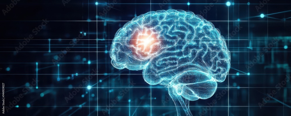 Digital representation of brain areas responsible for motor control, showing paralysis due to stroke, stroke impact, neurological damage Digital representation of brain areas responsible for motor control, showing paralysis due to stroke, stroke impact, neurological damage