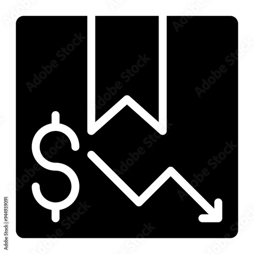 devaluation, markdown, depreciation, decrease, product solid or glyph icon