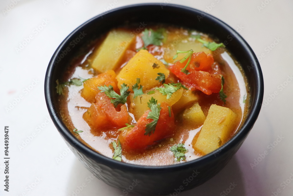 Tomato Batata Rassa Bhaji, tangy curry made with tomato, potato, cononut and spices, dish from Konkan Maharashtra, India, served with rice or flat bread Tomato Batata Rassa Bhaji, tangy curry made with tomato, potato, cononut and spices, dish from Konkan Maharashtra, India, served with rice or flat bread