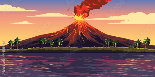 Sunset Erupting Volcano Vector Landscape Illustration