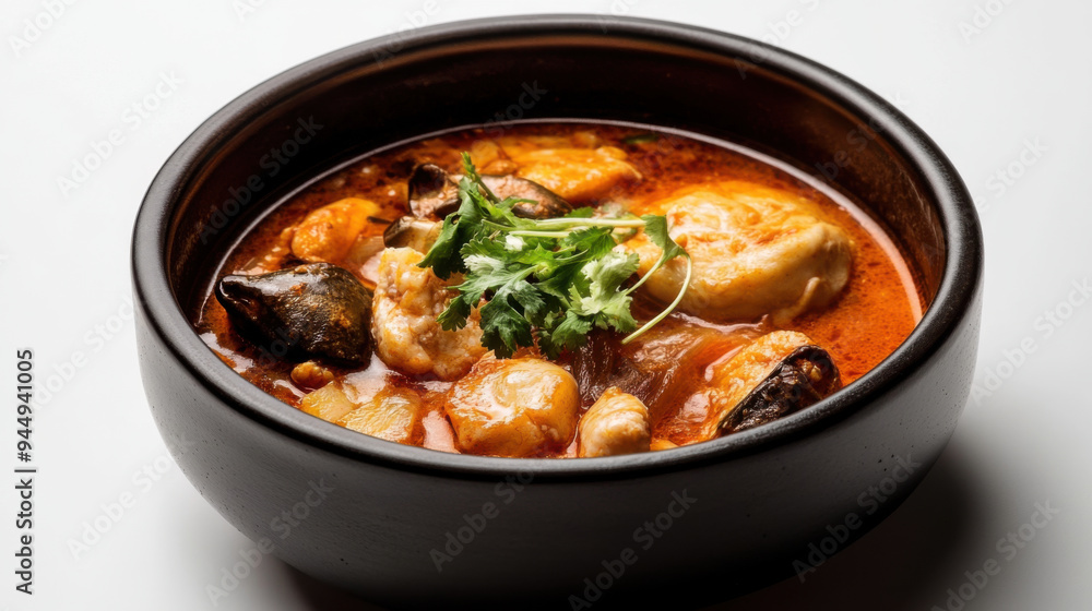 Beautifully composed commercial shot of a spicy hotpot in a dark porcelain bowl, with Beautifully composed commercial shot of a spicy hotpot in a dark porcelain bowl, with