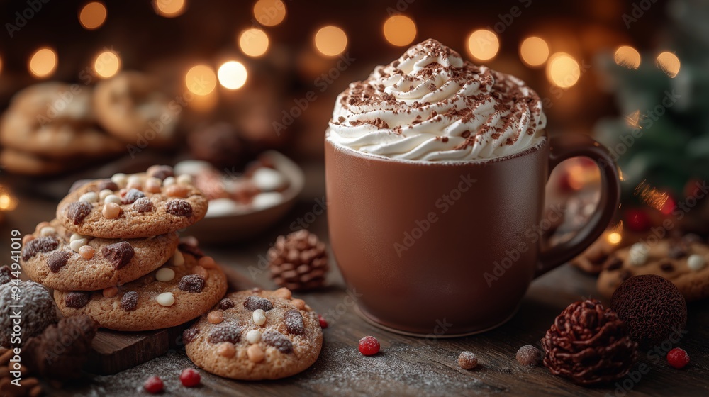 A Cozy Winter Scene with a Warm Cup of Hot Chocolate Topped with Whipped Cream, Surrounded by Freshly Baked Cookies and Festive Decorations, Creating a Warm and Inviting Holiday Atmosphere A Cozy Winter Scene with a Warm Cup of Hot Chocolate Topped with Whipped Cream, Surrounded by Freshly Baked Cookies and Festive Decorations, Creating a Warm and Inviting Holiday Atmosphere