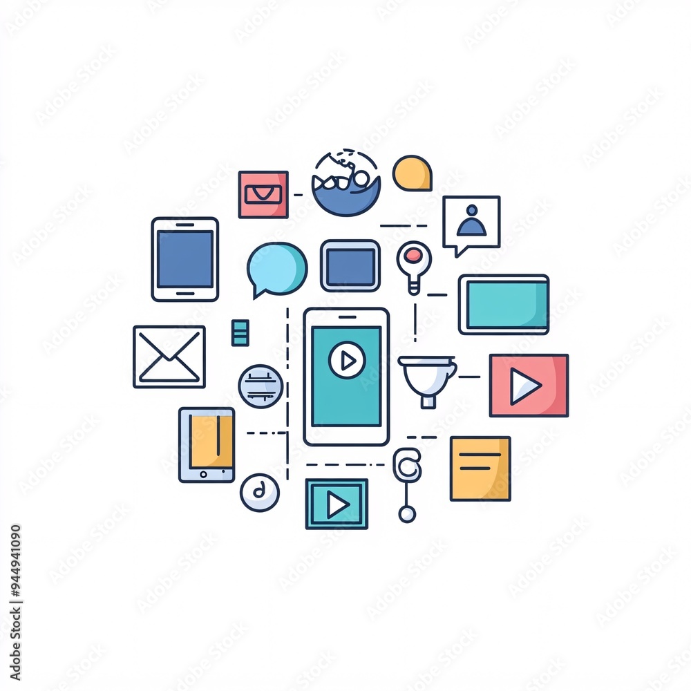 240805 224. A simple vector icon illustration depicting the group of digital communication tools at center for a website isolated white background with smartphone and social media elements 240805 224. A simple vector icon illustration depicting the group of digital communication tools at center for a website isolated white background with smartphone and social media elements