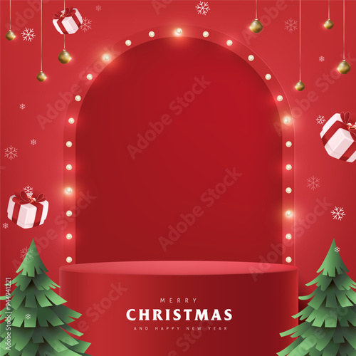 Merry Christmas banner with red product display Retro light bulbs sign background and festive decoration for christmas