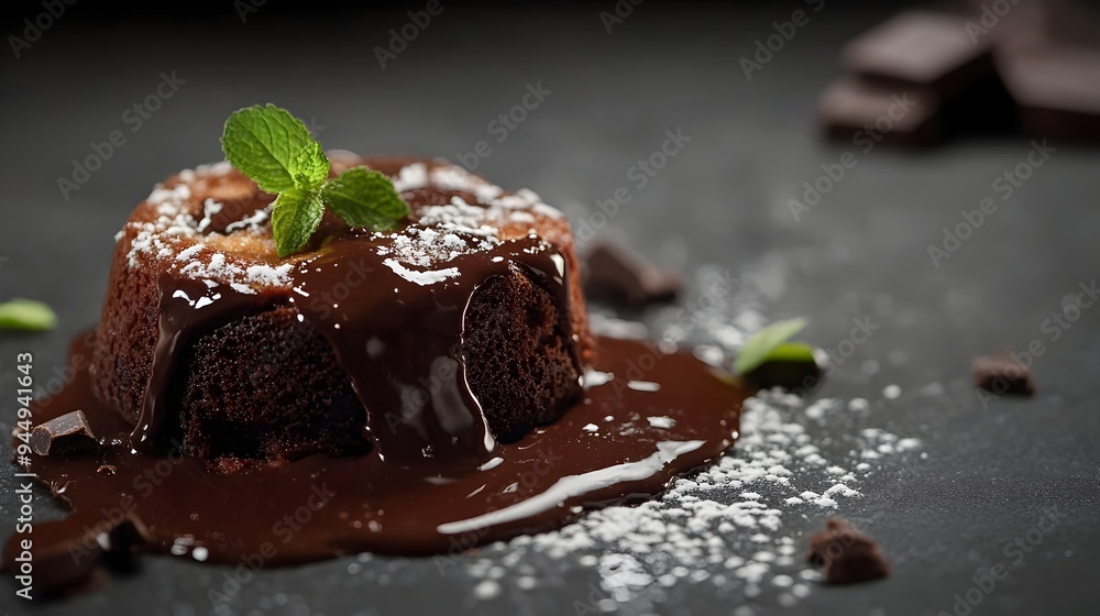 Close up shot of a freshly baked decadent chocolate lava cake with a molten gooey center and a rich velvety texture The cake is presented with copy space for text overlay or branding Close up shot of a freshly baked decadent chocolate lava cake with a molten gooey center and a rich velvety texture The cake is presented with copy space for text overlay or branding