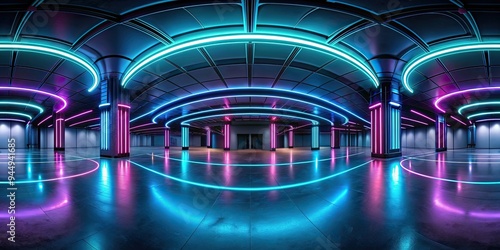360 degree dark empty hall with neon lights render , 360 panorama, environment map, big hall, neon lights, render