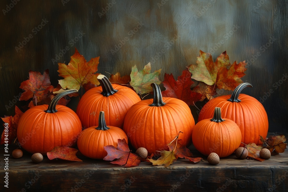 A serene autumn display of pumpkins and colorful leaves on a rustic wooden table capturing the essence of fall harvest season A serene autumn display of pumpkins and colorful leaves on a rustic wooden table capturing the essence of fall harvest season
