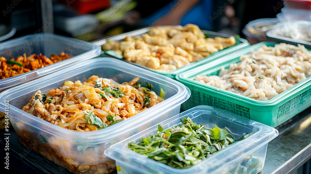 A street food scene with Pad Kra Pao served in a plastic container, highlighting the everyday A street food scene with Pad Kra Pao served in a plastic container, highlighting the everyday