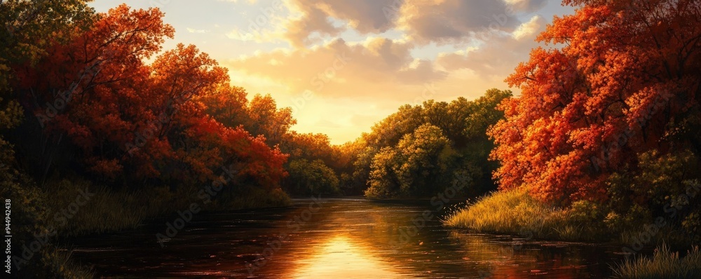 A serene autumn landscape with vibrant fall foliage, a calm river reflecting the sunset, and a peaceful forest in the background. A serene autumn landscape with vibrant fall foliage, a calm river reflecting the sunset, and a peaceful forest in the background.