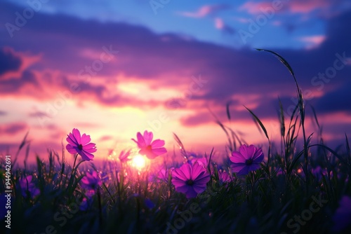 A stunning sunset over a field of vibrant purple flowers, capturing the serene beauty of nature with a colorful sky in the background.