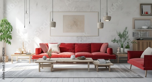 Modern Scandinavian Living Room with Red Sofa, Minimalist Design, and Stylish Decor photo